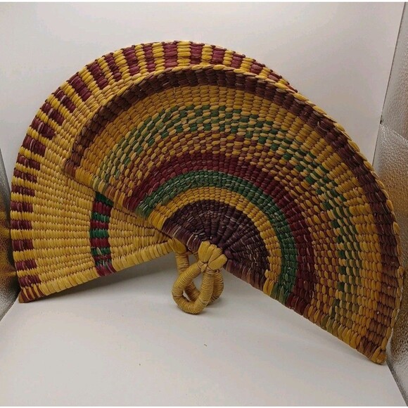 Handmade Accessories - Woven Wicker Hand Fans Handmade Set of 2 Natural Straw Wicker Fan Boho Raffia